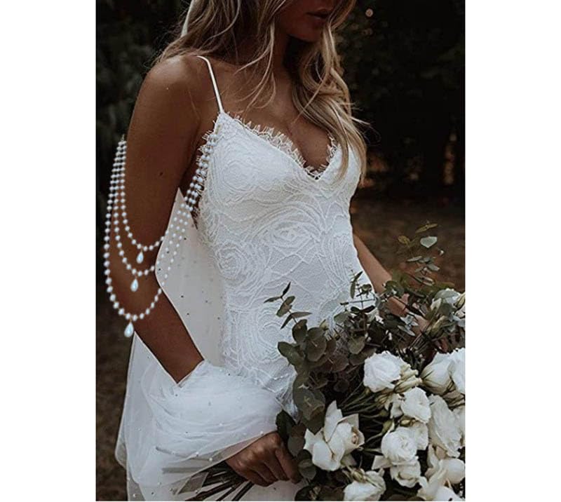 Pearl Arm Chain Wedding bridal Shoulder Jewelry Layered Prom Party Body Jewelry for Slide Dress Costume Accessory - color: Pearl Arm Chain C-2Pcs