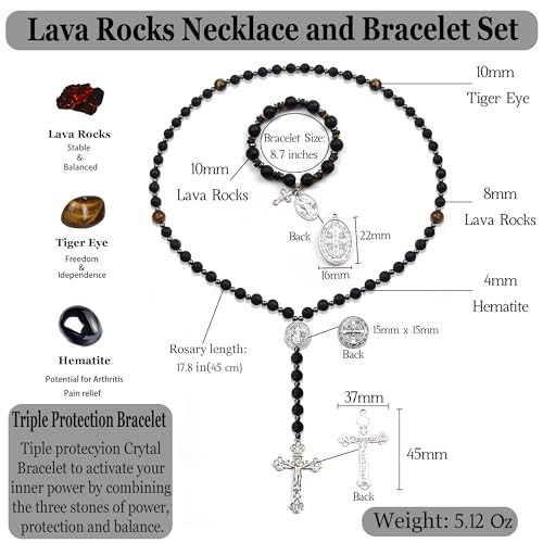 Rosary for Men Women, Natural Stone Beads with St. Benedict Bracelet | 8 mm Natural Stone Prayer Beads with 10 mm Accent Beads, St. Benedict Crucifix, Matching Bracelet, Gift Box and Pouch. - color: Lava Rocks