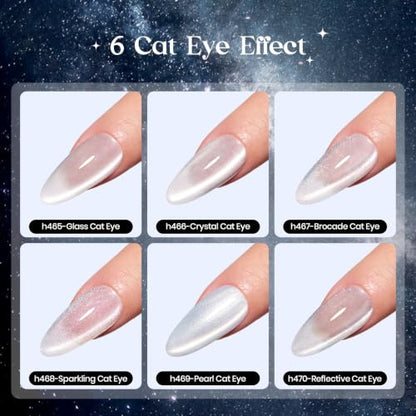 Beetles Silver Cat Eye Gel Nail Polish Set, Dusted Galaxy 6 Colors Magnetic Glass, Crystal, Pearl, Reflective & Glitter Silver Cat Eye Gel Polish Set with 2 Magnets, DIY Color Card for UV - color: A - Silver Cat Eye | Dusted Galaxy
