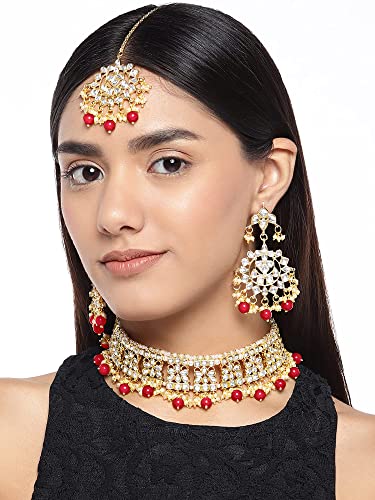 Aheli Elegant Indian Faux Kundan Studded Choker Necklace with Maang Tikka Set Ethnic Wedding Wear Bharatanatyam jewellery set Gift for Women - color: Red