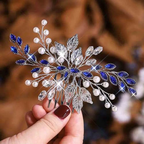 Unsutuo Navy Blue Rhinestone Hair Comb Saffire Crystal Hair Pieces Pearl Wedding Hair Accessories for Women and Girls