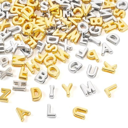 Beadthoven 104Pcs Full Letter Charms Acrylic A-Z Slider Charms Alphabet Letter Beads Golden Platinum Plated Initial Charm for DIY Necklace Choker Slide Wristbands Bracelets Jewelry Making Supplies