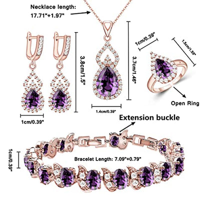 LMXXVJ Women Jewelry Set Platinum Plated Necklace Open Ring Earrings Bracelet Set,Birthday/Anniversary Mother’s Day Jewelry Gifts for Mom/Wife/Sister/Best Friend - color: Rose Gold-Purple