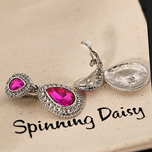 Spinningdaisy Clip On Earrings for Women | Non Pierced Earrings for Wedding - color: Tear Drop Hot Pink
