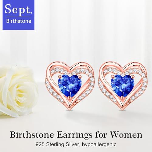 Iefil Birthstone Earrings for Women - 925 Sterling Silver Heart Stud Earrings Birthday Gifts for Women - color: Rose-Gold-Plated-09-Sept-Created Sapphire