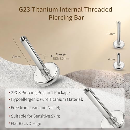 limerencia 16G/18G Hypoallergenic Internal Threaded Titanium Bar Post Replacement,Flat Back Stud Earrings Post Medusa Helix Couch Labret Bar for Women Men Sensitive Ears(A Pair) - color: silver tone, size: 18G-8mm