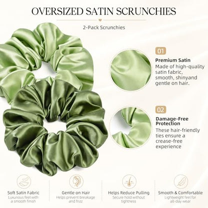 2 PCS Green Jumbo Satin Silky Scrunchies 6.5 Inches Oversized Scrunchie Extra Large Big Hair Ties Ponytail Holder for Thick Curly Hair Women (Sage, Olive Green) - color: Sage, Olive Green