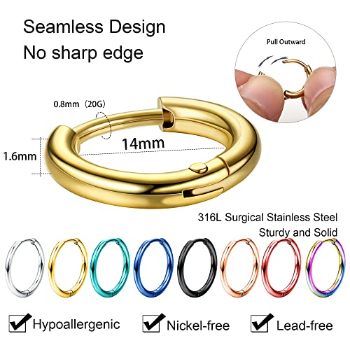 Jstyle 18G 20G Small Hoop Earrings for Men Women Huggie Hoops 8 Pairs | Hypoallergenic Surgical Stainless Steel, Multicolor Cartilage Helix Lobes Sleeper Hoop Earrings Set 8mm/10mm/12mm/14mm - style: Inner Diameter 14mm (20G)