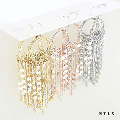 Bohemian Boho Tassel Dangle Drop Earrings for Women – Lightweight Filigree Gypsy Coin Chandelier Disc Charm Hoops – included Gift Box - style: Round - Gold