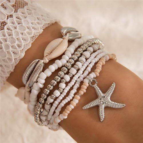 Bohemian Stackable Shell Beaded Ankle Bracelets for Women Colorful Boho Multi-Layer Seashell Gold Starfish Adjustable Handmade Braid Bracelet Summer Beach Holiday Accessories Gifts - color: Silver