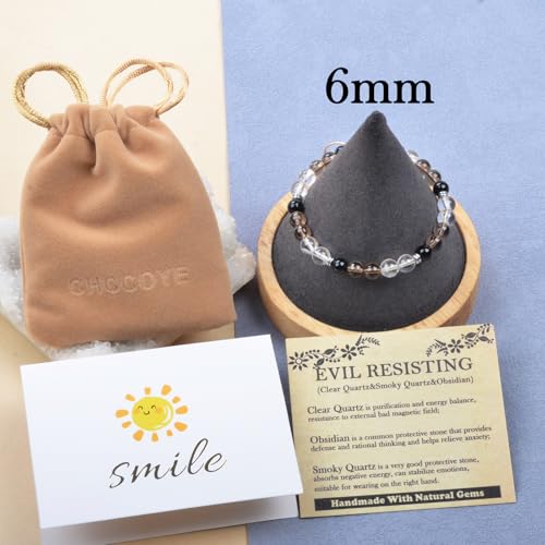468Handmade Adjustable Natural Gemstone Crystal Bracelet Healing Power Energy Inspirational Gifts with Card for Unisex - color: 19-EVIL RESISTING(Clear Quartz&Smoky Quartz&Obsidian), size: 6mm