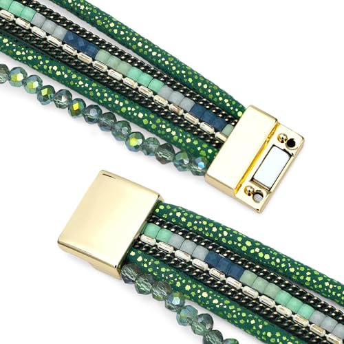 NEWITIN 2 Pieces Leather Wrap Bracelets for Women Leather Cuff Bangle Bracelets Boho Multi-Layer Bracelet Crystal Beads Bracelet for Women - color: Brown Green