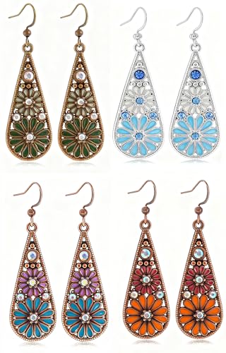 Bohemian Crystal Teardrop Dangle Earrings, Copper, Tribal Geometric Design, Handmade National Style for Women - color: Fugu-4PCScopperstyledrops