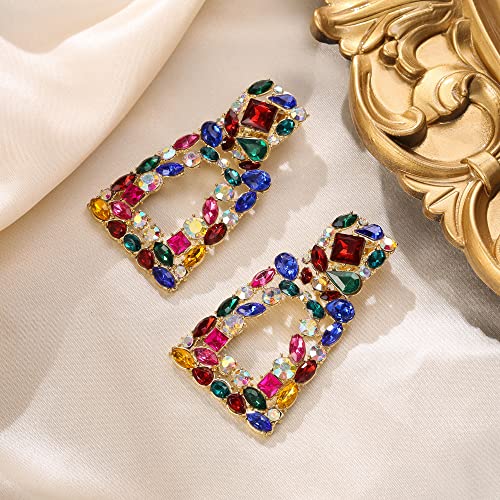 Flyonce Rectangle Clip-on Drop Earrings for Women, Sparkly Rhinestone Crystal Geometric Statement Non Pierced Earring Wedding Prom Party Jewelry for Brides Bridesmaid - color: Colorful