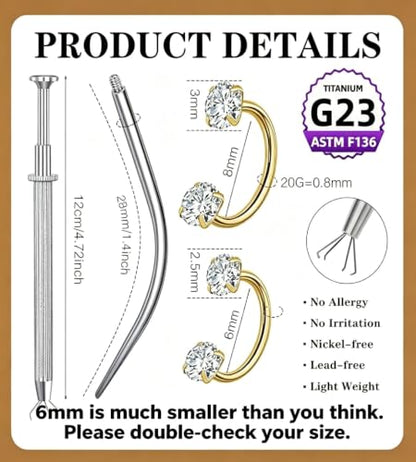 G23 Titanium Horseshoe Nose Ring 20G, 2 Pcs Double Gem Nose Ring for Women, 6mm 7mm 8mm Hypoallergenic Horseshoe Nose Rings Helix Tragus Earring Hoops Labret Lip Piercing Jewelry Small Septum Rings - color: 20G-6mm+8mm-2 Pcs Gold-White CZ