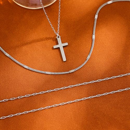 Cross Necklace for Women Dainty Layered Stainless Steel Silver Chain Necklace Stack Trendy Charm Pendant Necklaces Jewelry Set - color: Silver