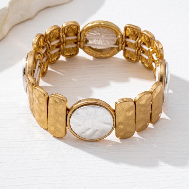 Chunky Hammered Geometric Bangle Bracelets Gold Coin Statement Cuff for Women Boho Elastic Adjustable Statement Bracelet