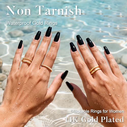 Turandoss Gold Stackable Rings Set for Women Non Tarnish | 14K Gold Plated, Trendy CZ Stackable Engagement Rings Stack, Thin Thumb Wedding Bands Ring Set, Size 6 7 8 9, 5PCS - color: 14K Gold-Plated