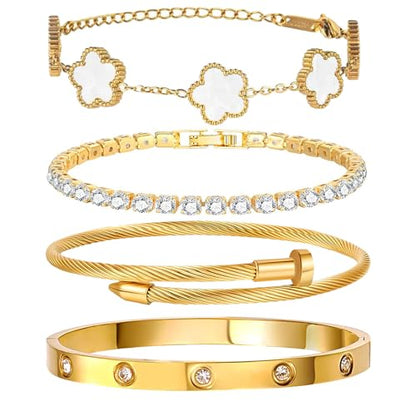 YOUNGGRACE 18K Gold Plated Womens Stackable Bracelets Set 4 Pcs – Love Bangle, Nail Bracelet, Clover & CZ Tennis Bracelet, Non Tarnish Hypoallergenic Stainless Steel Gold Layered Jewelry Gift for Her - color: White Floral