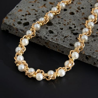 Gold/Silver Pearl Necklace for Men Faux Pearl Choker Necklace Beaded Adjustable Chain Gothic Chunky Beaded Statement Hip Hop Rock Party Festival Collar para Hombre Fashion Jewelry Gift for Men - style: Style-C-GD