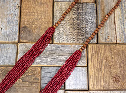Long Red Multi-Strand Seed Bead Necklace with Wood Beads – 15 Layer Bohemian Statement Necklace, Casual Layered Fashion Jewelry