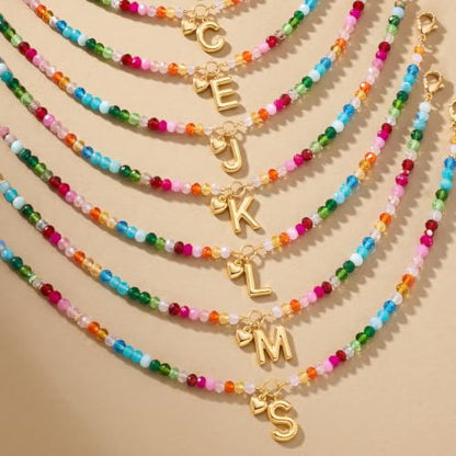 Initial Necklace for Women Colorful Beaded Necklaces Initial Heart Bubble Letter Necklace Summer Necklace Jewelry Gift - color: E