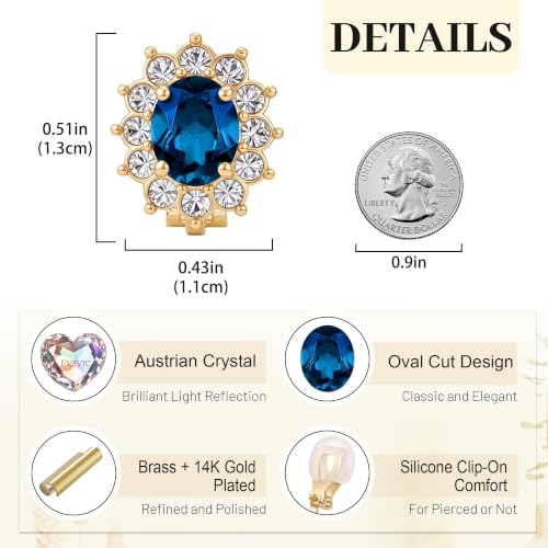 EVEVIC Oval Austrian Crystal Halo Clip On Earrings for Women | Oval Austrian Crystal with Zircon Halo,14K Gold-Plated,Silicone Comfort Pad,Gift Box Included,For Daily and Evening Events - color: Dark Blue