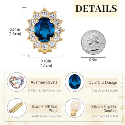 EVEVIC Oval Austrian Crystal Halo Clip On Earrings for Women | Oval Austrian Crystal with Zircon Halo,14K Gold-Plated,Silicone Comfort Pad,Gift Box Included,For Daily and Evening Events - color: Dark Blue