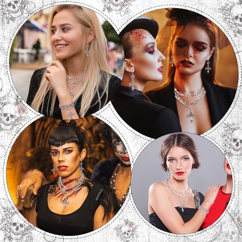 Tondiamo 3 Pcs Gothic Jewelry Set Cross Necklace for Women Goth Earrings Bracelet Layered Y2k Choker Costume Accessory - color: Silver, style: Gothic Cross