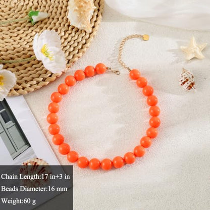 Chunky Beaded Necklace for Women 16mm Round Bead Resin Modern Statement Necklace Jewelry Accessories - color: orange