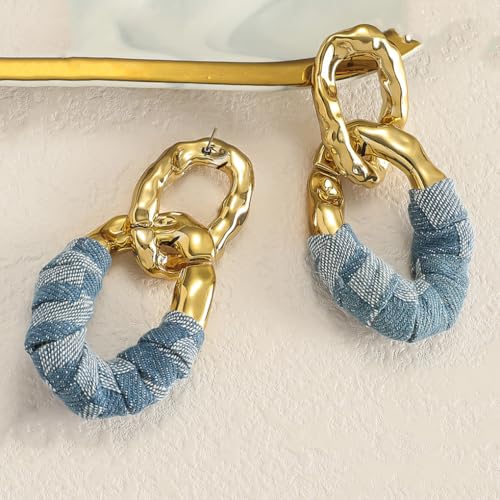 Chunky Gold Acrylic Chain Statement Earrings for Women,Exaggerated Thick Chain Artificial Leather Wrap Dangle Earrings Trendy Geometric Ear Jewelry - color: Denim