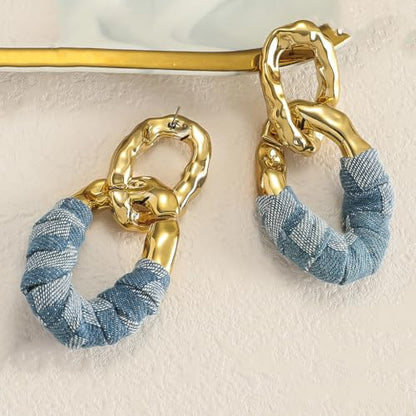 Chunky Gold Acrylic Chain Statement Earrings for Women,Exaggerated Thick Chain Artificial Leather Wrap Dangle Earrings Trendy Geometric Ear Jewelry - color: Denim