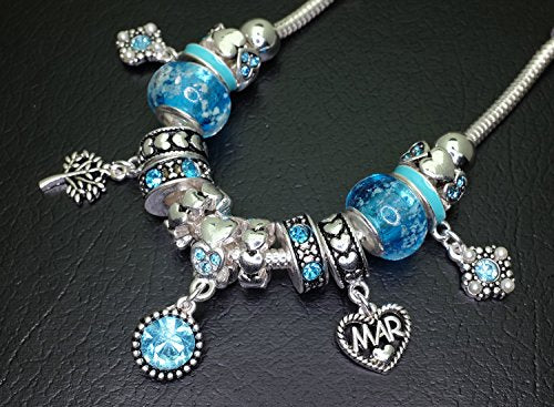 Falari Birthstone Bracelet Multi-Color Charm Beads Silvertone Birthday Gifts for Women - color: 03-March
