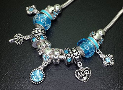 Falari Birthstone Bracelet Multi-Color Charm Beads Silvertone Birthday Gifts for Women - color: 03-March