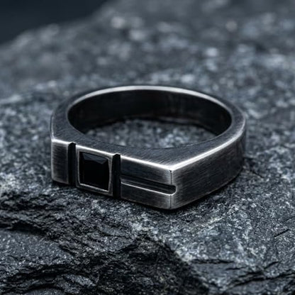 Modern Square Signet Ring 925 Sterling Silver Black Rhodium for Men | Made to order in 60+ sizes, solid 925 sterling silver, black rhodium finish, geometric standout piece for modern styling.