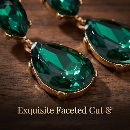 Green Earrings for Women, Emerald Green Teardrop Drop Estate Style Dangle Earrings with Rhinestone Crystal for Prom Wedding Fashion Events