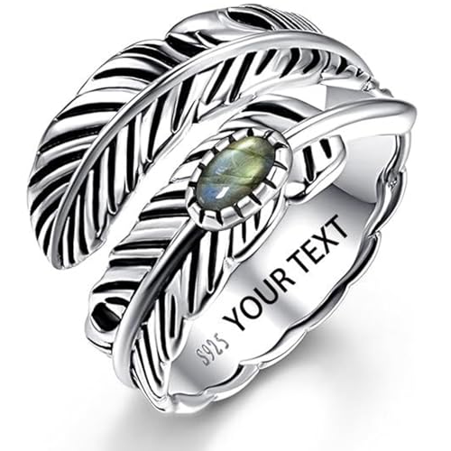 AVECON S925 Sterling Silver Turquoise/Labradorite/Just Breathe/Onyx Rings | Hypoallergenic Adjustable Open Feather Gift Women Men Thumb Spoon Statement Western Band Jewelry for Anniversary - color: Custom-Labradorite