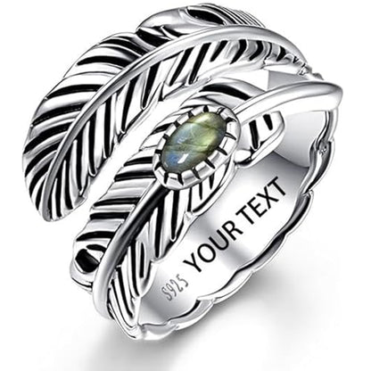 AVECON S925 Sterling Silver Turquoise/Labradorite/Just Breathe/Onyx Rings | Hypoallergenic Adjustable Open Feather Gift Women Men Thumb Spoon Statement Western Band Jewelry for Anniversary - color: Custom-Labradorite