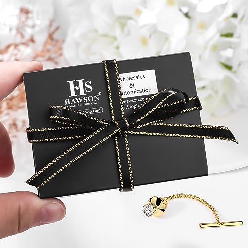 HAWSON Mens Tie Tack with Chain Round Crystal Wedding Business Accessories - color: Gold + Crystal