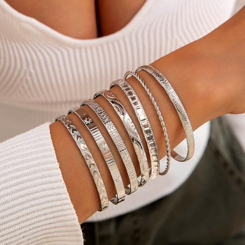 Gold Bangle Bracelets for Women, 14k Gold Plated Multi Layer Textured Stackable Open Bracelet Set Boho Indian Bangles Stackable Set Trendy Elegance Charms Non Tarnish Minimalist Bangle Pack - style: Silver 7Pcs