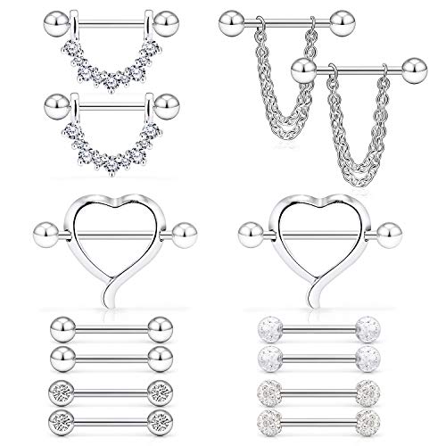 14G 9/16Inch Crystal Ball Nipple Tongue Shield Ring Barbell Body Piercing Jewelry Retainer 8-14PCS - color: 14PCS - Silver