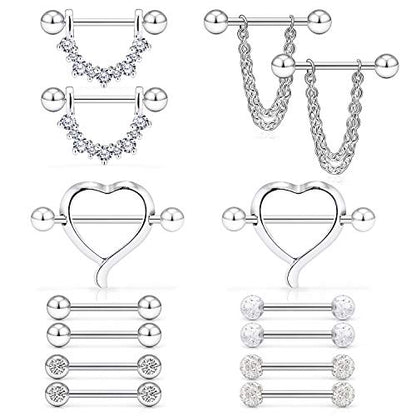 14G 9/16Inch Crystal Ball Nipple Tongue Shield Ring Barbell Body Piercing Jewelry Retainer 8-14PCS - color: 14PCS - Silver