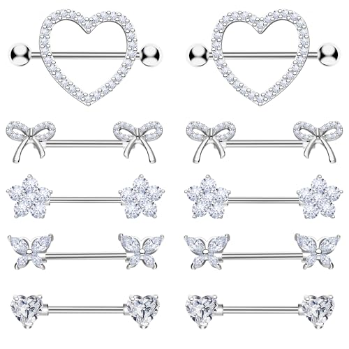 BSJ4U Nipple Piercing Jewelry 14G Stainless Steel Nipple Rings for Women Heart Butterfly Flower Bow Nipple Barbells - color: Silver CZ Nipple Piercing Jewelry