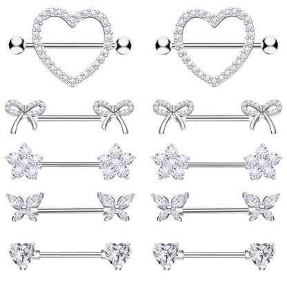 BSJ4U Nipple Piercing Jewelry 14G Stainless Steel Nipple Rings for Women Heart Butterfly Flower Bow Nipple Barbells - color: Silver CZ Nipple Piercing Jewelry