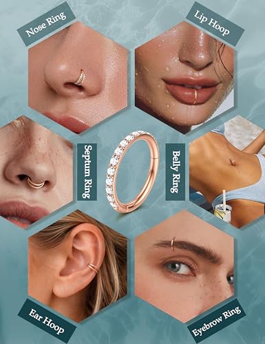 Dochais 4PCS 18G Nose Rings Hoops, Surgical Steel Earrings Tragus Septum Piercing CZ Clicker Ring, Hinged Segment Conch Lip Cartilage Double Hoops 8mm 10mm for Women Men - color: Gold Rose, size: 16G(1.2mm),8mm