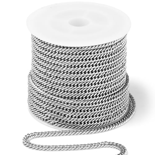 33FT Stainless Steel Cuban Chain 3.8mm Double Link Chain for Jewelry Making | Diamond-Cut Silver Curb Chain Roll Bulk for Necklace Bracelet Crafts - color: 3.88mm curb chain