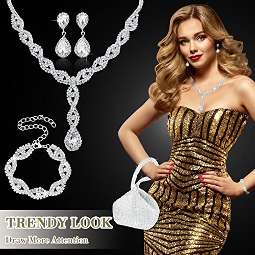 4 Pcs Silver Clutch Purse Jewelry Set for Women Rave Accessories Evening Rhinestone Purse Silver for Bride Wedding - style: Vivid Style