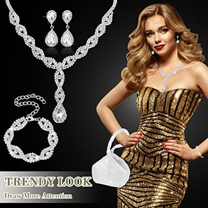 4 Pcs Silver Clutch Purse Jewelry Set for Women Rave Accessories Evening Rhinestone Purse Silver for Bride Wedding - style: Vivid Style