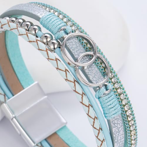 Chunky Boho Leather Wrap Bracelets Cowgirl Beaded Circle Western Jewelry | Stackable Infinity Layered Bohemian Magnetic Clasp Cuff Statement Fashion Colorful Country Hippie Outfits for Women Trendy - color: Teal