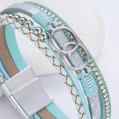 Chunky Boho Leather Wrap Bracelets Cowgirl Beaded Circle Western Jewelry | Stackable Infinity Layered Bohemian Magnetic Clasp Cuff Statement Fashion Colorful Country Hippie Outfits for Women Trendy - color: Teal